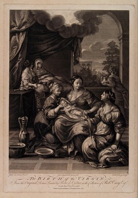 A midwife wrapping the Virgin Mary in swaddling clothes after receiving her first bath; Anne is recuperating in bed. Engraving by C. Faucci, 1764, after G.B. Cipriani after Pietro da Cortona.