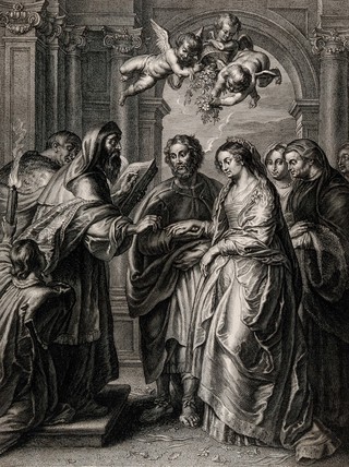 The marriage of Mary and Joseph. Engraving by S.A. Bolswert after P.P. Rubens.