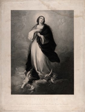 The Virgin Mary, immaculately conceived, descends from heaven, a sickle moon beneath her feet. Engraving by F-E-A. Bridoux, 1845, after B.E. Murillo, ca. 1650.