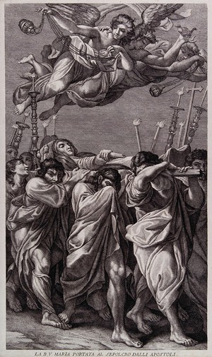 view The Virgin Mary carried to the grave by the apostles. Etching.