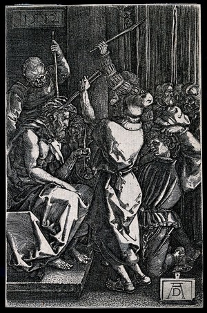 view Christ, tied to a column, being whipped by two men. Engraving after A. Durer, 1512.