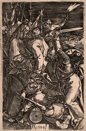 Judas kisses Christ and he is arrested; Peter cuts off Malchus's ear. Engraving after A. Dürer, 1508.