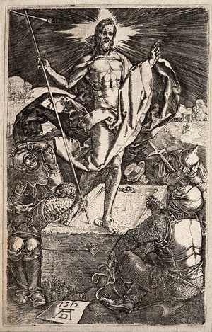 view The resurrected Christ rises over terrified soldiers. Engraving after A. Dürer, 1512.