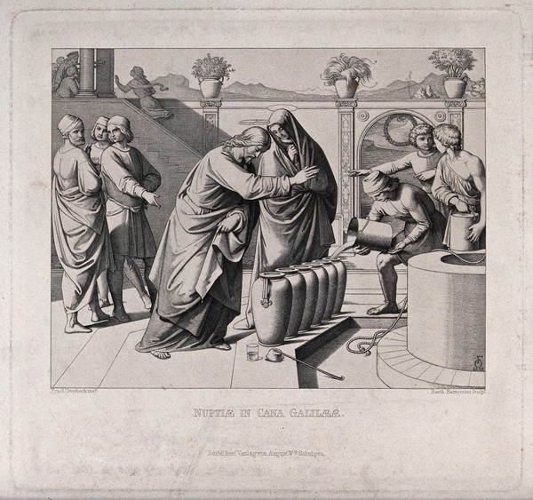 Christ makes wine out of water at the marriage at Cana. Etching by B. Bertoccini after J.F. Overbeck, 1848.