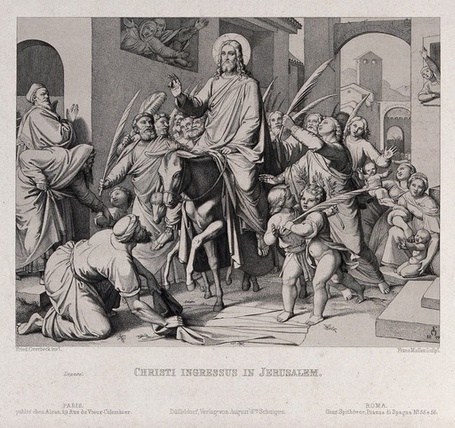 Christ enters Jerusalem on an ass. Etching by F.P. Massau after J.F. Overbeck, 1849.