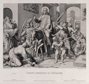 view Christ enters Jerusalem on an ass. Etching by F.P. Massau after J.F. Overbeck, 1849.