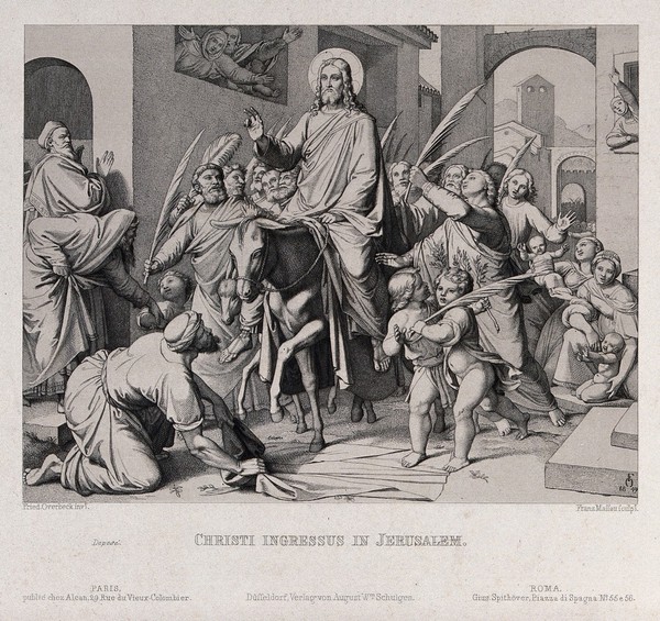 Christ enters Jerusalem on an ass. Etching by F.P. Massau after J.F. Overbeck, 1849.