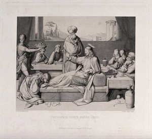 view Saint Mary Magdalen anoints Christ's feet at the meal of Simon the Pharisee. Etching by F.A. Ludy after J.F. Overbeck.