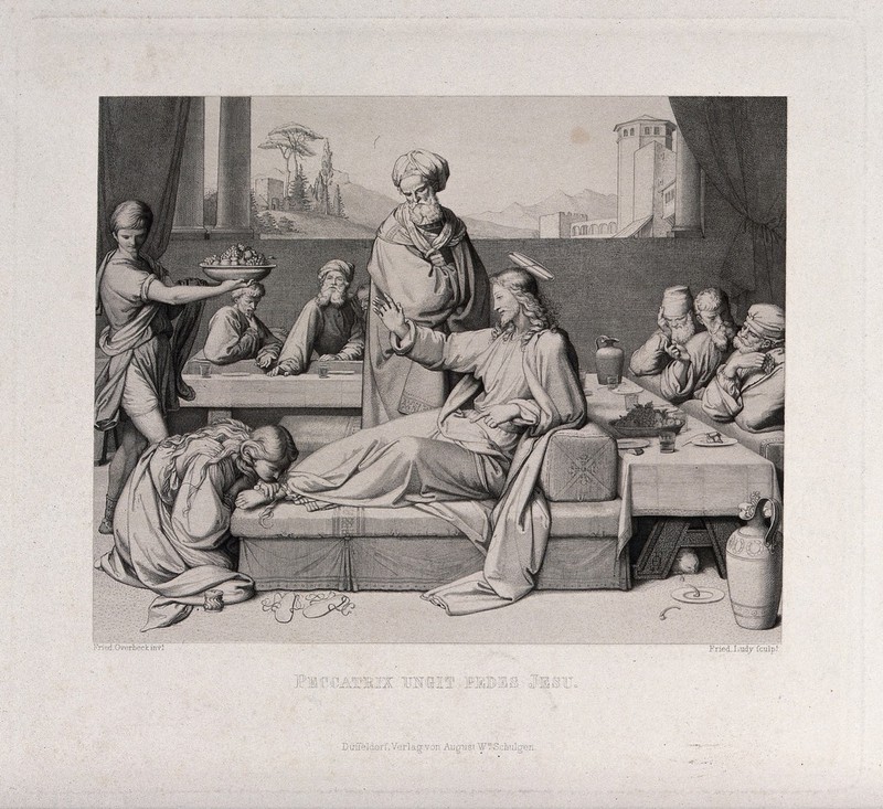 Saint Mary Magdalen anoints Christ's feet at the meal of Simon the Pharisee. Etching by F.A. Ludy after J.F. Overbeck., by Johann Friedrich Overbeck
