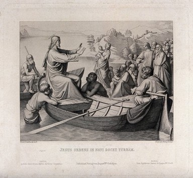Christ, seated in a boat, pacifies the crowds on the shore. Etching by R. Stang after J.F. Overbeck.