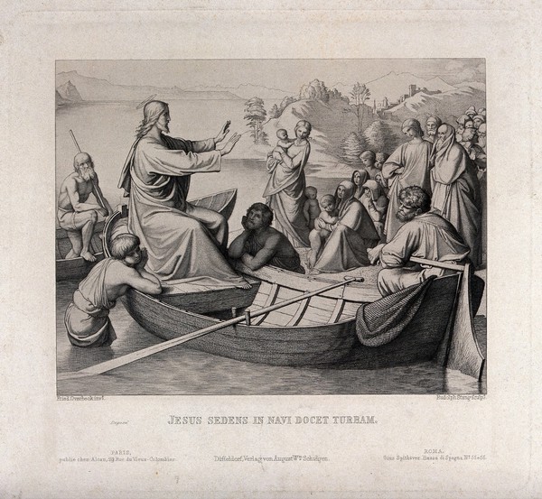 Christ, seated in a boat, pacifies the crowds on the shore. Etching by R. Stang after J.F. Overbeck.
