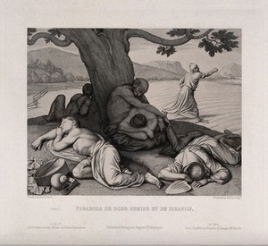 view Men lie sleeping under a tree; one sows seeds; representing the biblical parable of the sower. Etching by F. Keller after J.F. Overbeck.