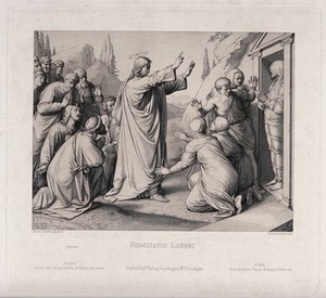 view Christ raises Lazarus from his tomb. Etching by F. Ludy after J.F. Overbeck, 1849.