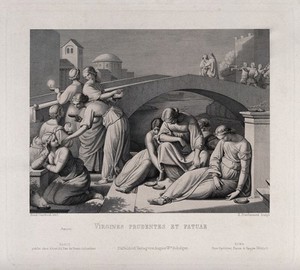 view Two groups of bridesmaids wait by a bridge: one with candles, the other dejectedly staring at the ground; representing the biblical parable of the wise and foolish virgins. Etching by X. Steifensand after J.F. Overbeck, 1844.