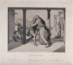 view The prodigal son embraces his father. Etching by F. Severati after J.F. Overbeck, 1851.