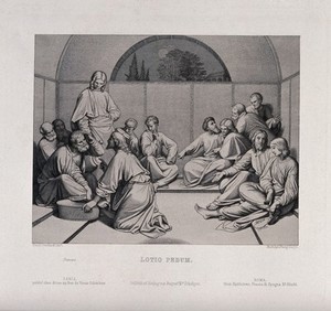 view Christ washes the feet of the apostles. Etching by R. Stang after J.F. Overbeck, 1847.
