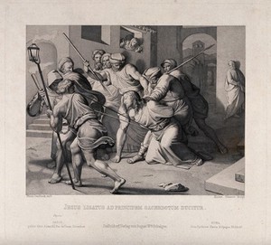 view Christ bound and beaten by Jews. Etching by Heinrich Nüsser after J.F. Overbeck, 1850.