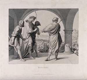 view Christ is paraded before the people wearing a crown of thorns. Etching by F.P. Massau after J.F. Overbeck, 1848.