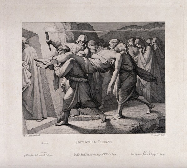 The dead Christ is borne to the tomb. Etching by F.A. Ludy after J.F. Overbeck, 1844.