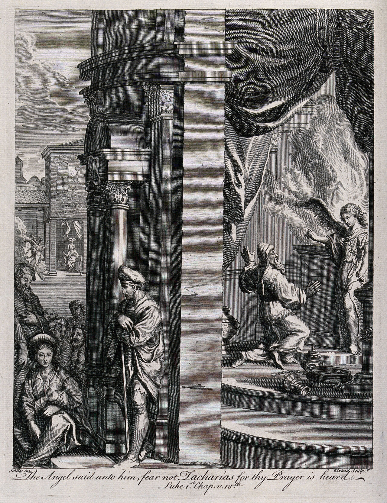 The angel Gabriel tells Zacharias that his prayer for a child is to be granted; John the Baptist will be his son. Engraving by E. Kirkall after M. Scheits., by Matthias Scheits