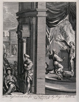 The angel Gabriel tells Zacharias that his prayer for a child is to be granted; John the Baptist will be his son. Engraving by E. Kirkall after M. Scheits.