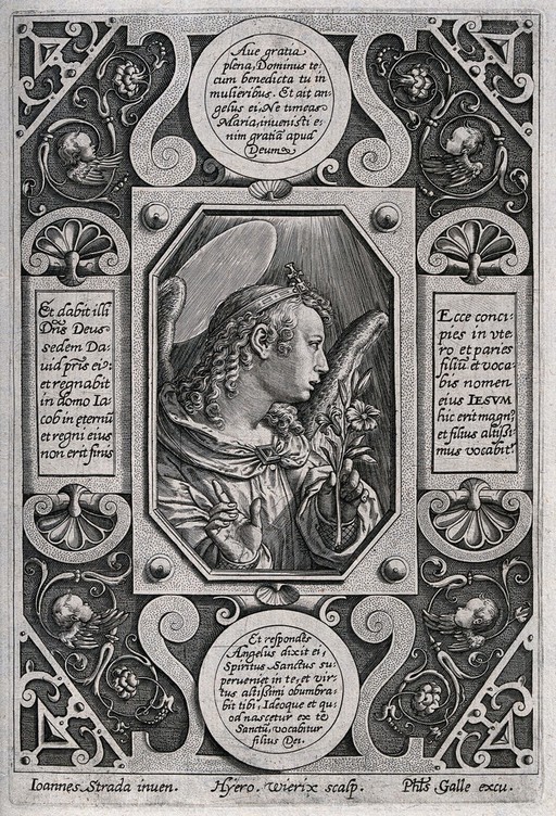 The angel of the Annunciation. Engraving by H. Wierix after J. Stradanus.