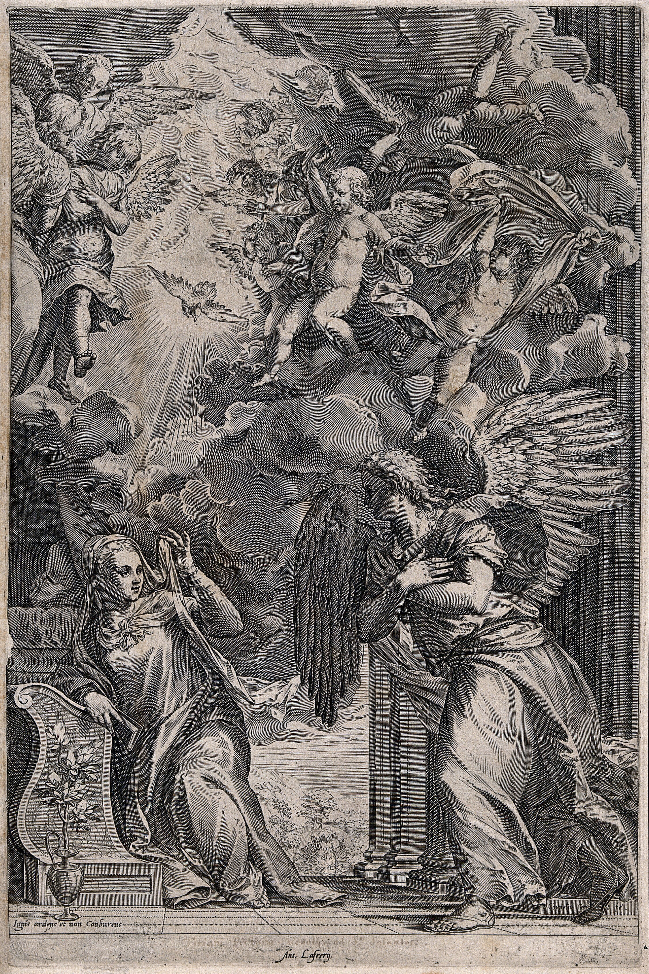 The Annunciation To The Virgin Engraving By C Cort After Titian