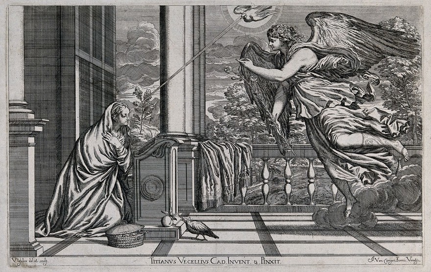 The angel Gabriel announces the birth of Jesus to Mary; the light of the Holy Spirit alights on her brow. Etching by V. Lefebvre, c. 1670, after Titian.