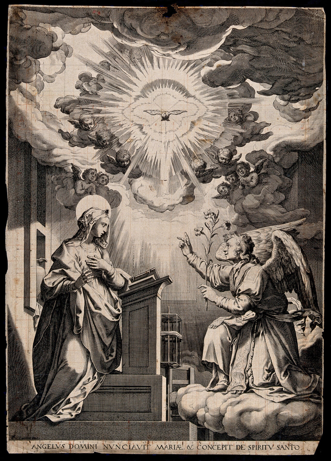 The Annunciation to the Virgin, who stands before a lectern. Engraving after F. Zuccaro., by Federico Zuccari