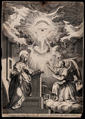 view The Annunciation to the Virgin, who stands before a lectern. Engraving after F. Zuccaro.