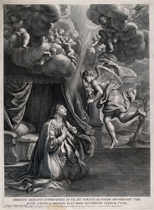 view The Annunciation to the Virgin. Engraving by C. Bloemaert, c. 1650, after G. Lanfranco.