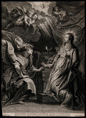 view The Annunciation to the Virgin, who reads from the Bible. Engraving by S.A. Bolswert after P.P. Rubens.