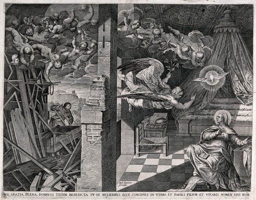 While Joseph works in his carpenter's shop, the angel steals into the house and announces the birth of Christ to Mary. Engraving by J. Sadeler, c. 1615, after G. Tintoretto.