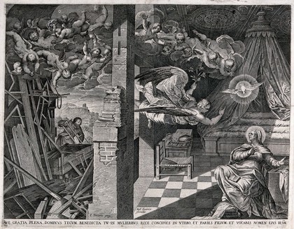 While Joseph works in his carpenter's shop, the angel steals into the house and announces the birth of Christ to Mary. Engraving by J. Sadeler, ca. 1615, after J. Robusti, il Tintoretto.