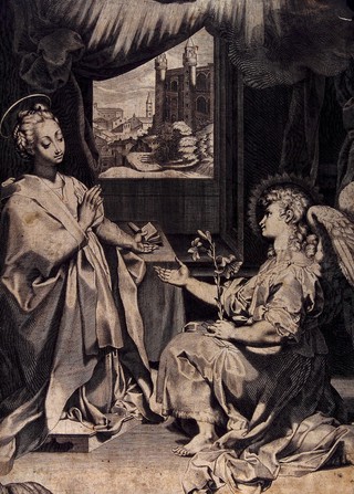 The Virgin sets aside her Bible as the angel appears, holding out his hand and bearing lilies. Engraving after F. Barocci (?).