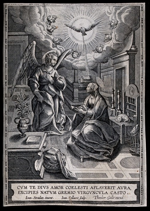 The Virgin reads her Bible as the angel appears with the Holy Spirit. Engraving by J. Collaert after J. Straet.