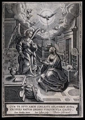 view The Virgin reads her Bible as the angel appears with the Holy Spirit. Engraving by J. Collaert after J. Straet.