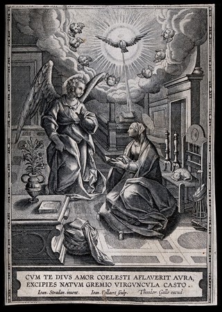 The Virgin reads her Bible as the angel appears with the Holy Spirit. Engraving by J. Collaert after J. Straet.
