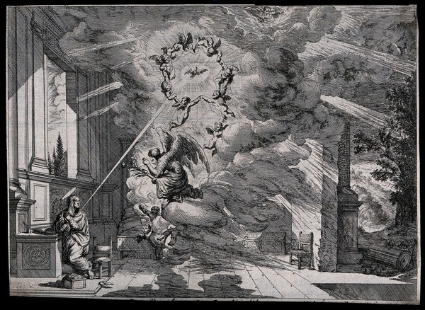 The Virgin looks up at the announcing angel; cherubs spin in a circle around the Holy Spirit. Engraving after J. Callot (?).