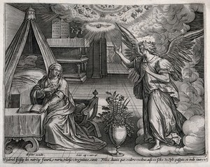 view The Annunciation to the Virgin in her room. Engraving by C.J. Visscher (?).