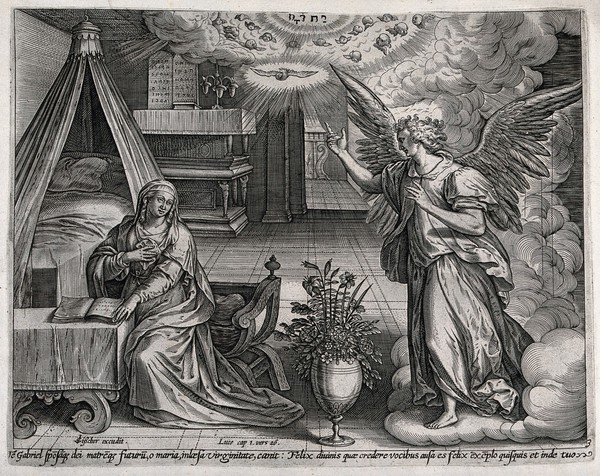 The Annunciation to the Virgin in her room. Engraving by C.J. Visscher (?).
