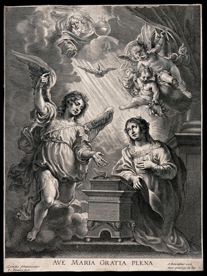 view The Annunciation to the Virgin, who kneels at a prie-dieu. Engraving by P. Pontius after C. Schut.
