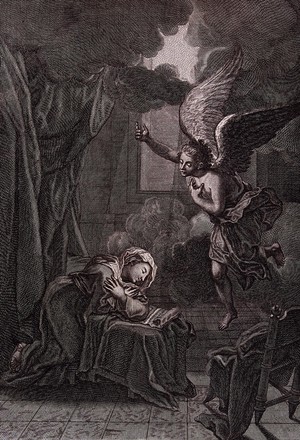 view The Virgin, reading a scroll on a prie-dieu, is visited by the announcing angel. Engraving by M. van der Gucht.