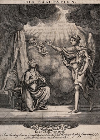 The announcing angel salutes the Virgin. Engraving.