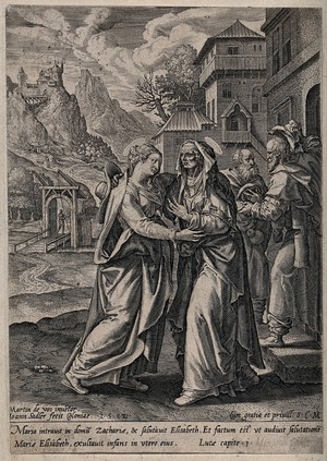 view The Visitation of Mary to Elizabeth. Engraving by J. Sadeler after M. de Vos.