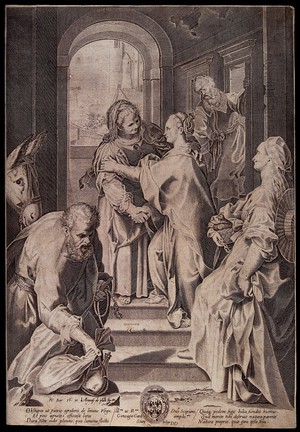 view The Visitation of Mary to Elizabeth. Engraving, 1588, after F. Baroccio.