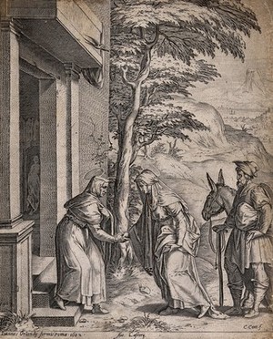view The Visitation of Mary to Elizabeth. Engraving by C. Cort, 1602.