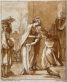 The Visitation of Mary to Elizabeth. Etching with aquatint by S. Mulinari after V. Salimbini.