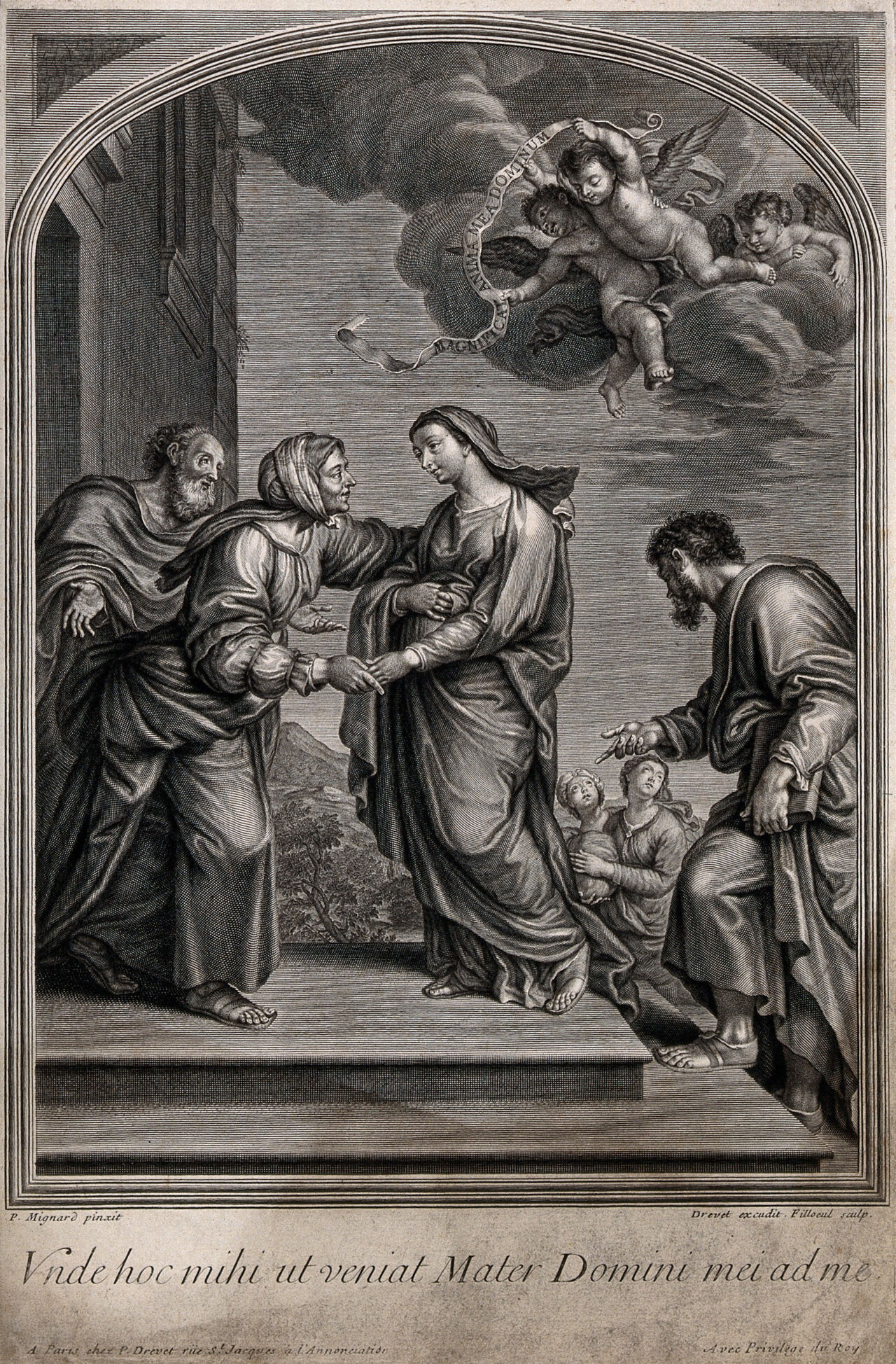 The visitation of Mary to Elizabeth. Engraving by Filloeul after P. Mignard., by Pierre Mignard I