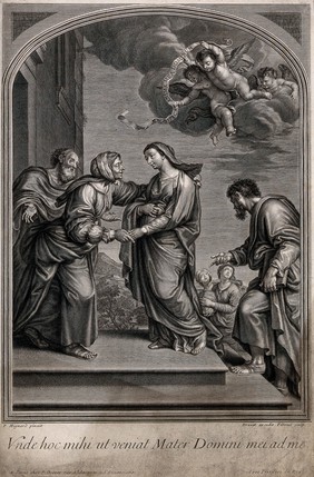 The visitation of Mary to Elizabeth. Engraving by Filloeul after P. Mignard.